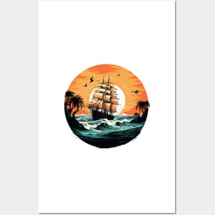 A vintage looking ship sails across the giant waves in a sunset enviornment Posters and Art